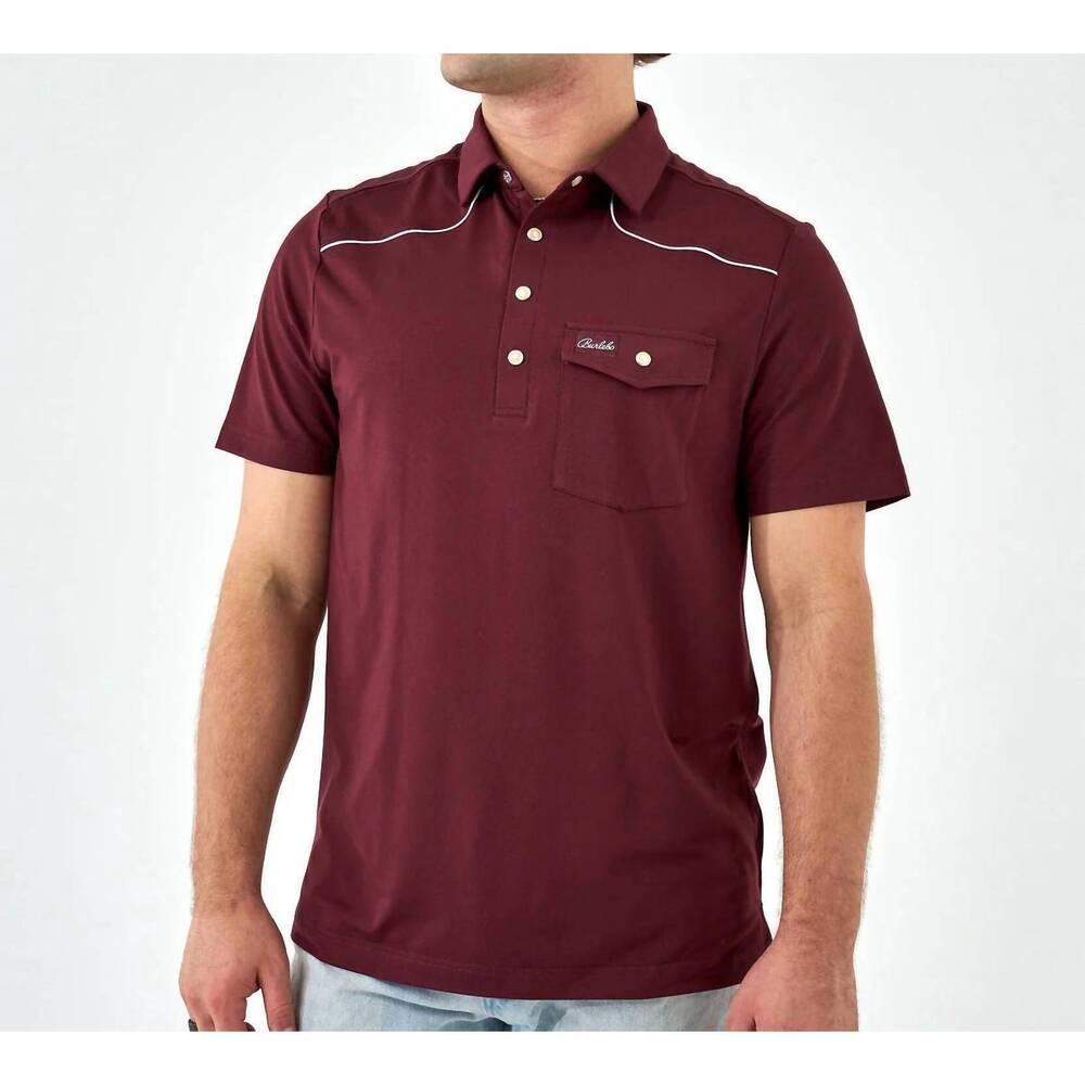 NEW BURLEBO pearl snap performance polo in maroon
